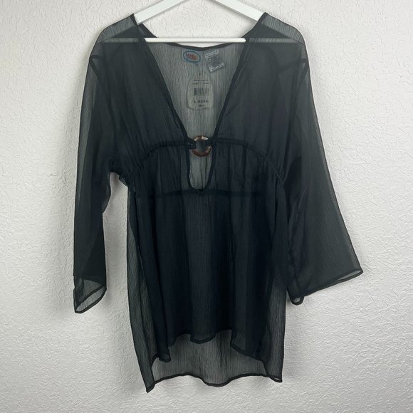 NWT SAND N SUN Womens L Black Beach Swimsuit Sheer Coverup Long Sleeve Flowy - Picture 3 of 7